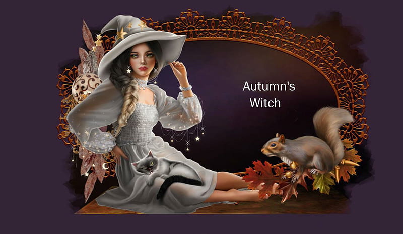 AUTUMN'S WITCH, SQUIRREL, FEMALE, WITCH, DRESS, HAT, CAT, HD wallpaper