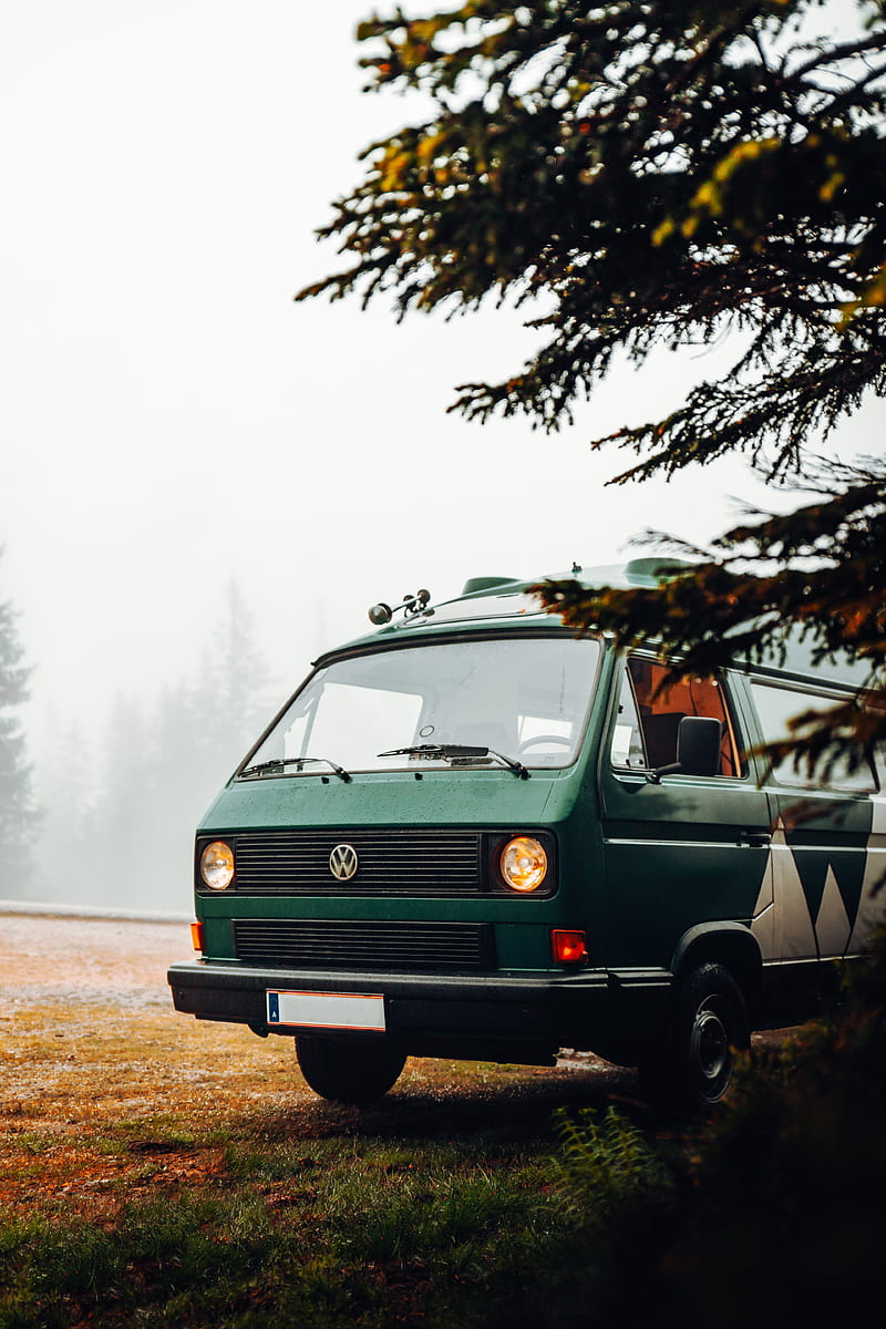 volkswagen, car, van, green, nature, fog, camping, HD phone wallpaper