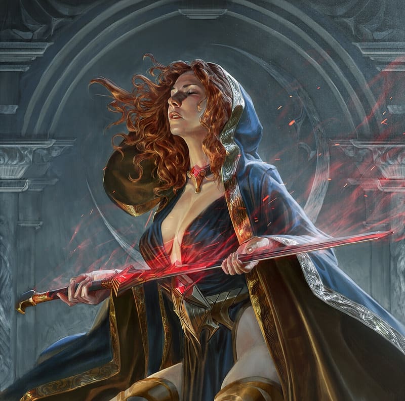 Sorceress, fantasy, sword, frumusete, kevin glint, girl, redhead, HD wallpaper
