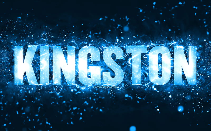 Happy Birtay Kingston blue neon lights, Kingston name, creative, Kingston Happy Birtay, Kingston Birtay, popular american male names, with Kingston name, Kingston, HD wallpaper