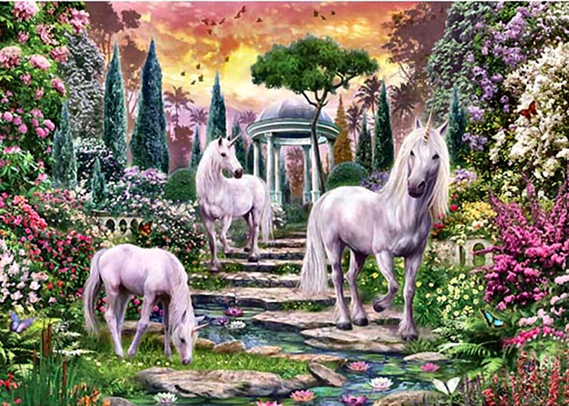 Magic Garden - Unicorns F, art, equine, bonito, unicorns, abstract, illustration, artwork, horses, fantasy, painting, wide screen, flowers, garden, gazebo, HD wallpaper