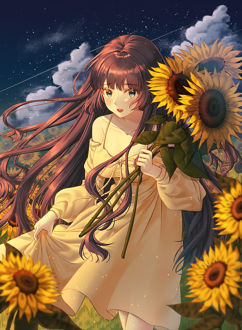 Girl, sunflowers, flowers, field, anime, HD phone wallpaper | Peakpx