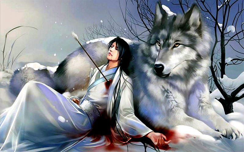 HELPLESS, warrior, killed, wolf, winter, blood, HD wallpaper