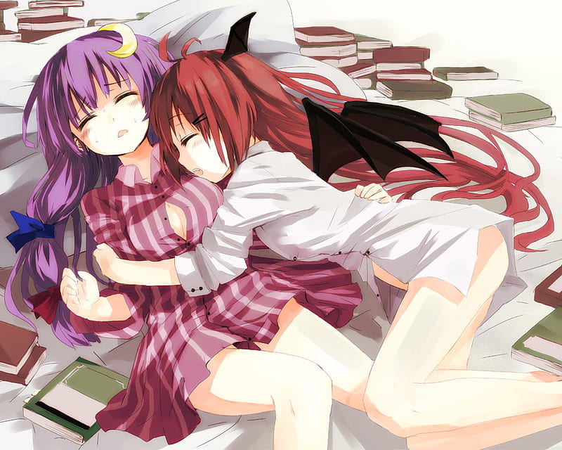 Touhou, 2 girls, purple hair, book, red hair, bed, hat, head band, undressing, nopan, long hair, HD wallpaper