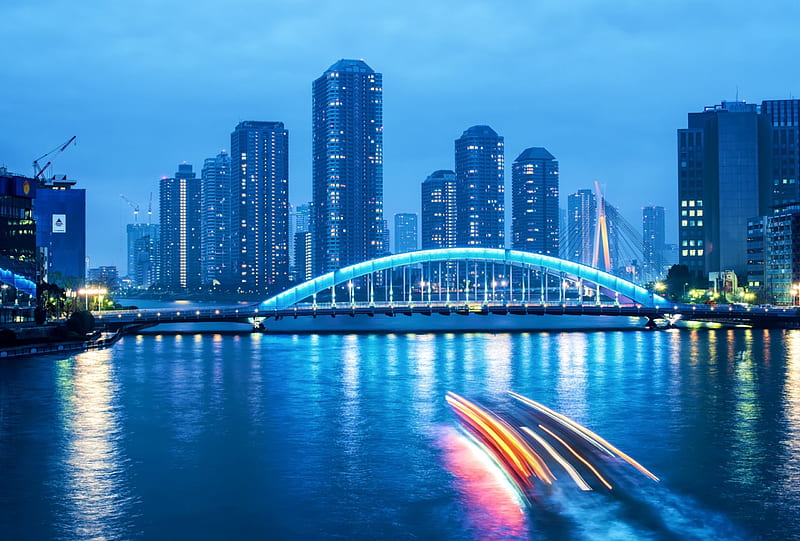 Blue Tokyo, japanese, cityscape, odaiba, japan, bridge, tokyo, river, blue, night, HD wallpaper