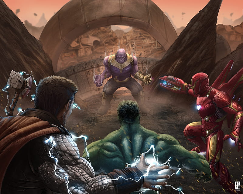 The Big 3 Vs Thanos, iron-man, thanos, thor, hulk, superheroes, artwork, digital-art, artist, artstation, HD wallpaper