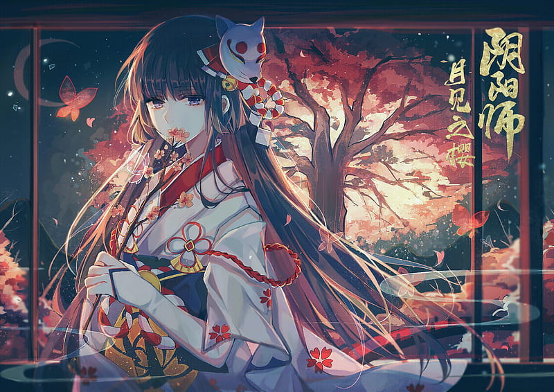 onmyouji, anime games, kimono, long hair, autumn, mask, Anime, HD wallpaper