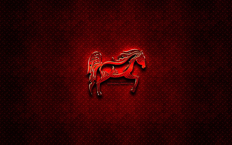 Horse, red animals signs, chinese zodiac, Chinese calendar, Horse zodiac sign, red metal background, Chinese Zodiac Signs, animals, creative, Horse zodiac, HD wallpaper