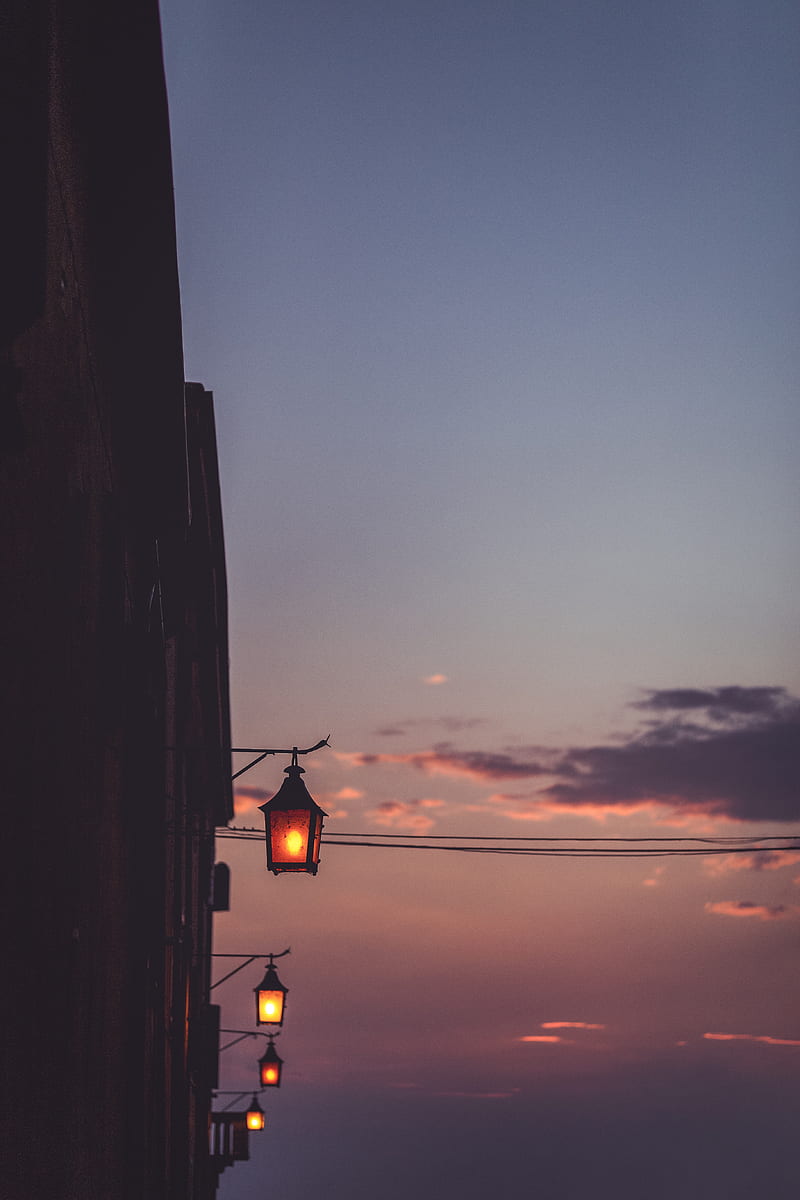 lanterns, sunset, sky, roof, HD phone wallpaper
