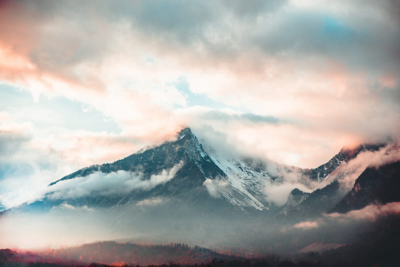 mountain, fog, peak, clouds, aerial view, HD wallpaper