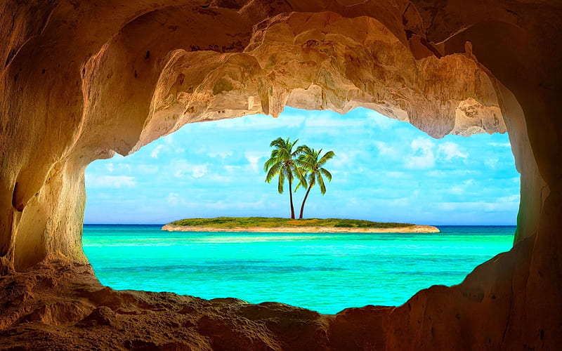 Sea Cave View of Island, tree, nature, palm, island, cave, HD wallpaper