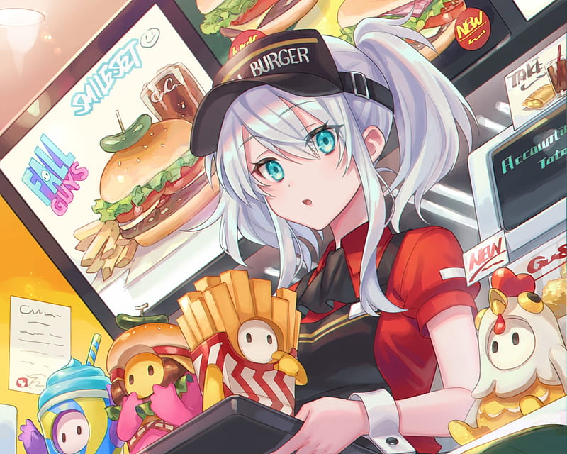 Anime, Original, Aqua Eyes, French Fries, Girl, Hamburger, White Hair, HD wallpaper