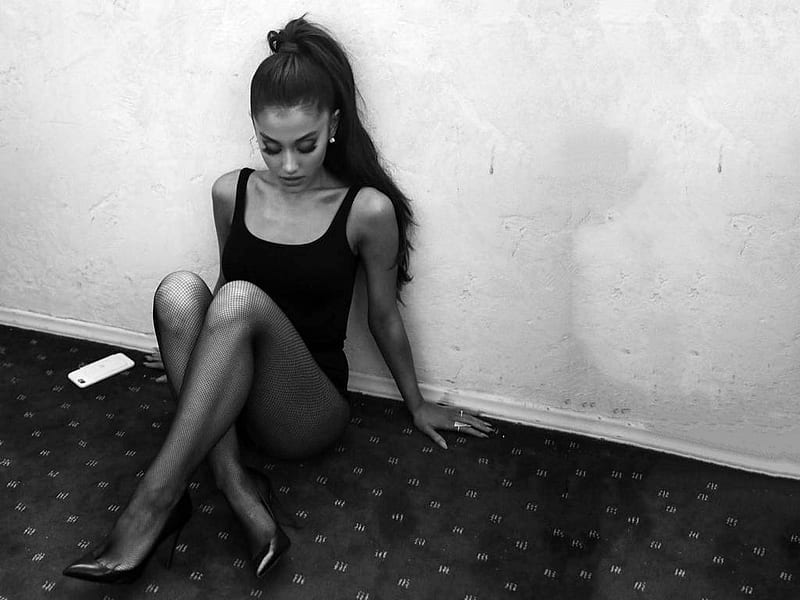Ariana Grande, model, Ariana, legs, black white, fishnets, bonito, singer, heels, stockings, actress 2017, Grande, HD wallpaper