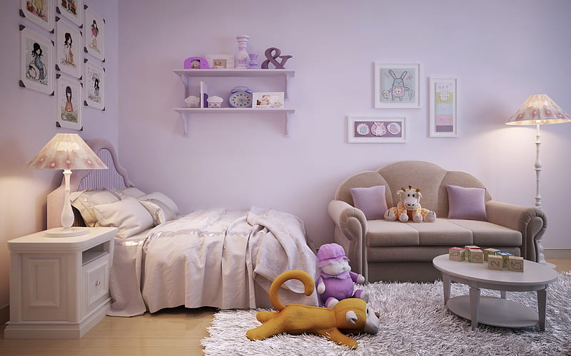 interior for a childrens room, modern design, childrens bedroom for a girl, modern interior, pink bedroom, HD wallpaper