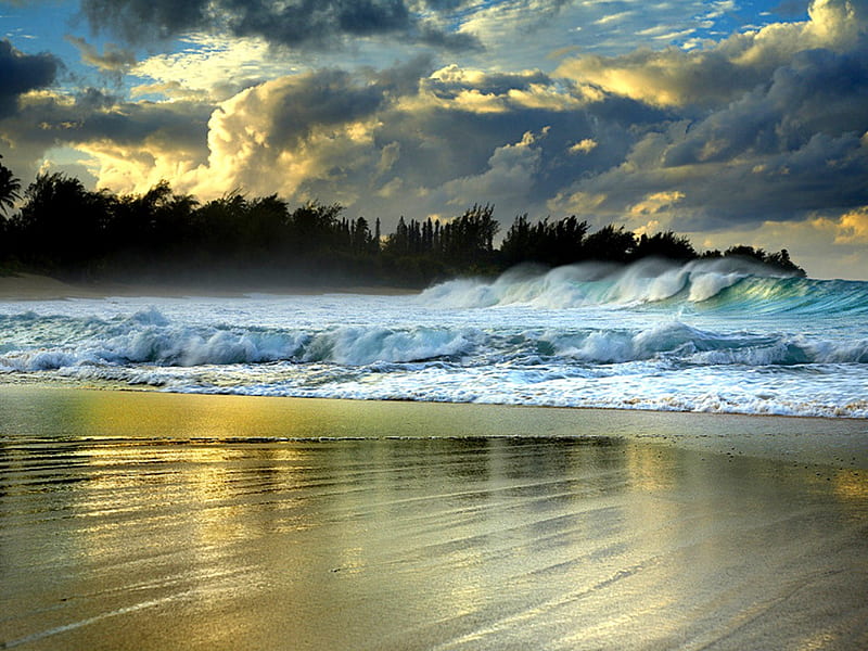 GOLDEN SURF, golden, ocean, surf, sunset, waves, sky, clouds, beach, sand, HD wallpaper