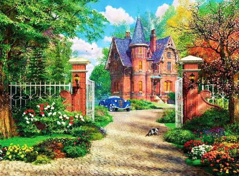 The Red Brick Cottage, fence, house, car, painting, flowers, garden, trees, artwork, HD wallpaper