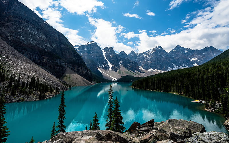 Moraine Lake, summer, Banff, blue lake, North America, mountains, forest, Banff National Park, Canada, Alberta, HD wallpaper