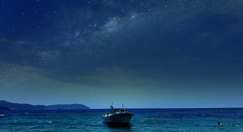 yacht with stars, sea, gece, gokyuzu, HD wallpaper