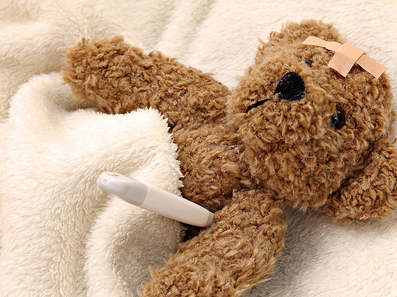 teddy bear, disease, a thermometer, a blanket, tape, soft toy, sick, HD wallpaper