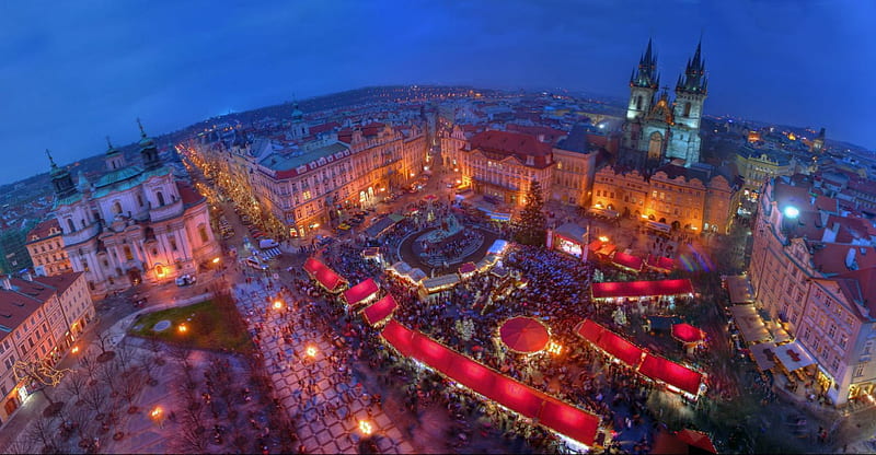 Prague, architecture, view, christmas market, travel, town, Czech, Czech Republic, night, HD wallpaper