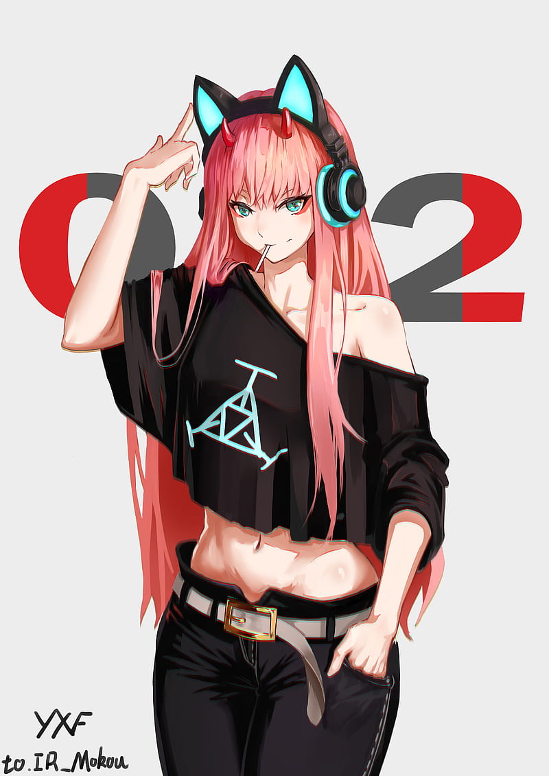 white background, simple background, Zero Two (Darling in the FranXX), animal ears, Darling in the FranXX, headphones, horns, long hair, HD phone wallpaper