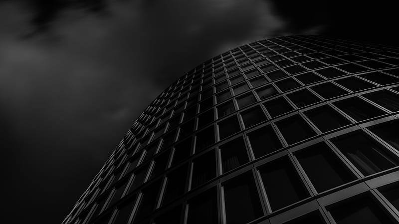 building, windows, architecture, bottom view, black and white, black, HD wallpaper