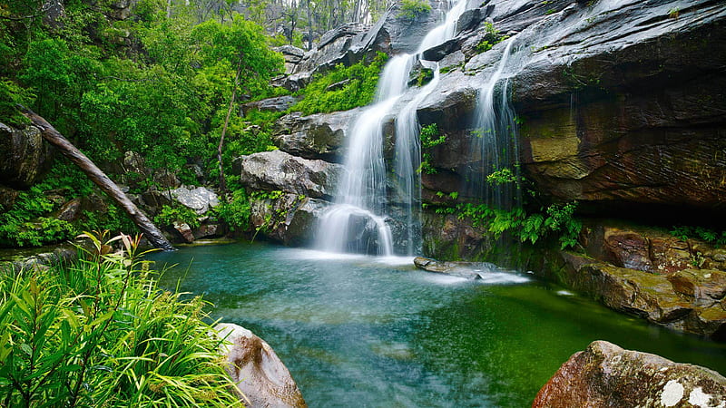 Rocks waterfall, rocks, forest, stones, greenery, summer, waterfall, creek, spring, Australia, HD wallpaper