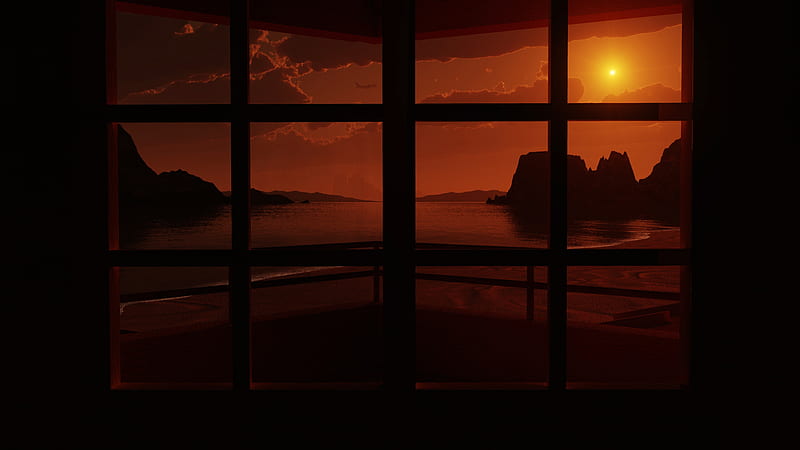 Beachfront Property, red, cool, window, dark, sunlight, sky, sea, HD wallpaper