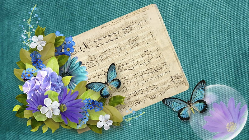 Music of Life, notes, music, aqua, bubbles, flowers, butterflies, score, floral, HD wallpaper