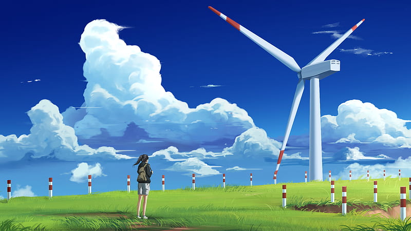 Windmills in a Field in Anime Style Stock Illustration - Illustration of  electric, future: 277471807