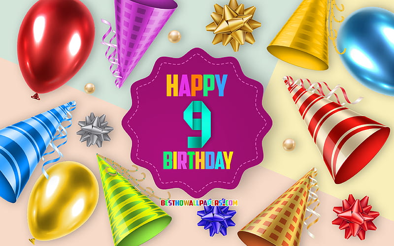 Happy 9 Years Birtay, Greeting Card, Birtay Balloon Background, creative art, Happy 9th birtay, silk bows, 9th Birtay, Birtay Party Background, Happy Birtay, HD wallpaper