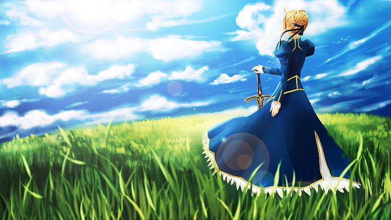 Fate Stay Field, pretty, grass, sweet, nice, anime, animee girl, weapon, long hair, sword, lovely, excalibur, gown, blonde, sky, sexy, braids, field, knight, saber, scenic, dress, blond, cutee, lue, fate stay night, blade, green, hot, scenery, blue, female, cloud, view, blonde hair, blond hair, armor, girl, scene, HD wallpaper