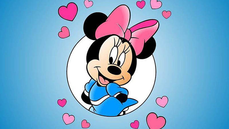 Minnie Mouse In White Circle With Pink Hearts And Blue Background Minnie Mouse, HD wallpaper