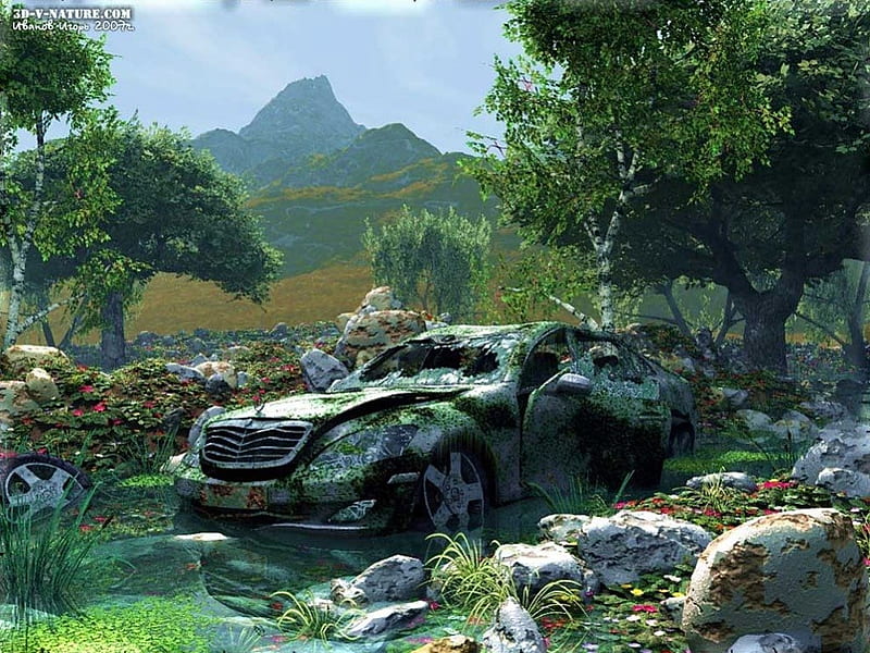 Car in Ruins, pond, wreck, stones, mountains, car, flowers, trees, HD wallpaper