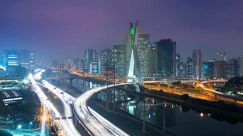 Sao Paulo, Octavio Frias de Oliveira Bridge, Pinheiros River, evening, skyscrapers, modern buildings, Ponte Estaiada, Sao Paulo state, Brazil, HD wallpaper