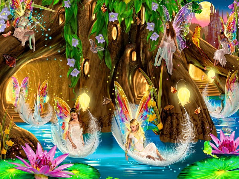 Fairytale pond, colorful, dreamy, magic, lights, fairies, reflection, enchanted, playing, wings, lilies, butterflies, joy, lake, pond, tree, water, paradise, magical, nature, bells, HD wallpaper
