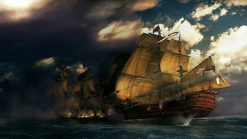 ocean battle, battle, cloud, ship, ocean, HD wallpaper