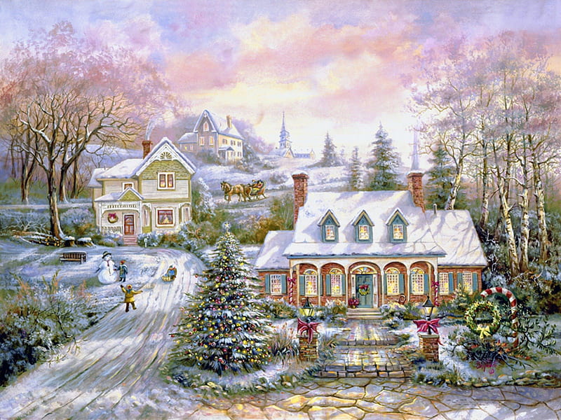 beautiful winter view, wwinter, paintings, sow, view, artwork, landscape, HD wallpaper