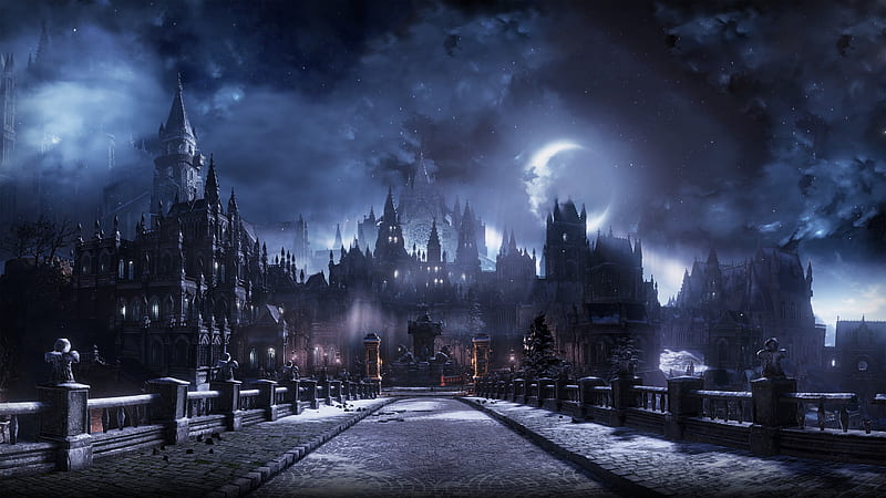fantasy castle, moon, dark, clouds, bridge, Fantasy, HD wallpaper