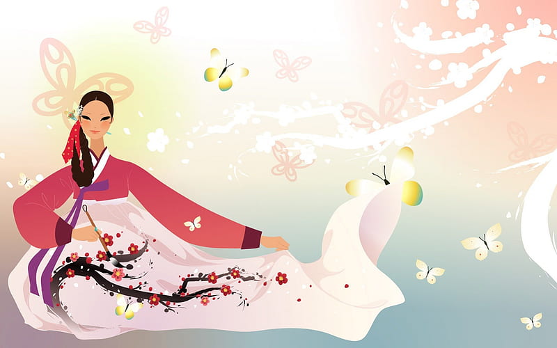 Spring, red, bloom, yellow, butterfly, korean, pink, art, wings, tree, girl, insect, asian, garden, chinese, white, vector, HD wallpaper