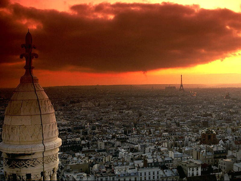 Evening sunset over Paris, red, paris, sunset, clouds, city, evening, pic, buildings, colors, sky, wall, france, eiffel tower, colours, HD wallpaper