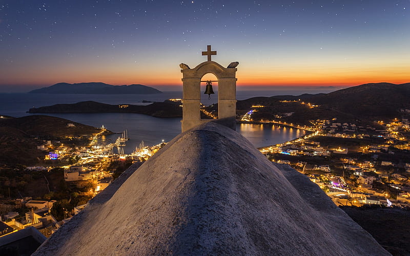 Chora Hill, Ios, Church of Saint Irene, Greek island, Ios island, evening, sunset, Aegean, Greece, HD wallpaper