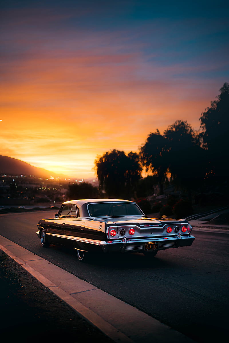 car, retro, old, black, road, sunset, HD phone wallpaper