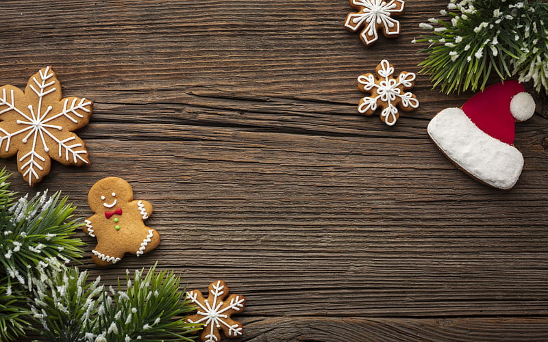 Christmas cookies, wooden background, santa hat cookies, Happy New Year, Christmas tree, HD wallpaper