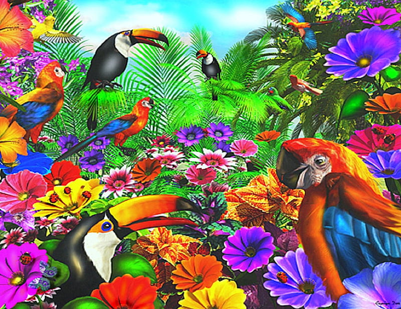★Forest Friendship★, pretty, colorful, jungles, attractions in dreams, bonito, paintings, friendship, flowers, lovely flowers, forests, scenery, friends, lovely, colors, love four seasons, birds, creative pre-made, trees, summer, nature, tropical, ladybugs, HD wallpaper