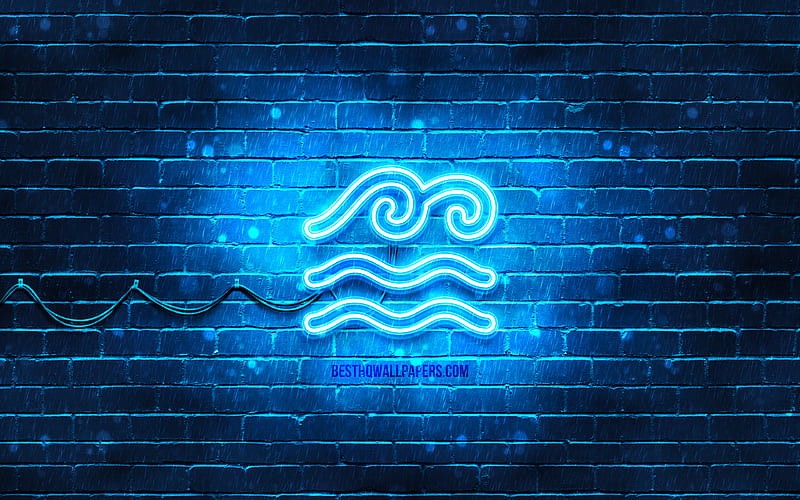 Water waves neon icon blue background, neon symbols, water waves, creative, neon icons, water waves sign, ecology signs, water waves icon, ecology icons, HD wallpaper