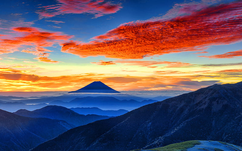 Mount Fuji Fujiyama, sunset, japanese landmarks, Asia, stratovolcano, japan, HD wallpaper