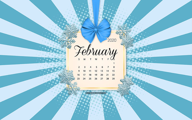 2020 February Calendar, blue background, winter 2020 calendars, February, 2020 calendars, snowflakes, retro style, February 2020 Calendar, calendar with snowflakes, HD wallpaper