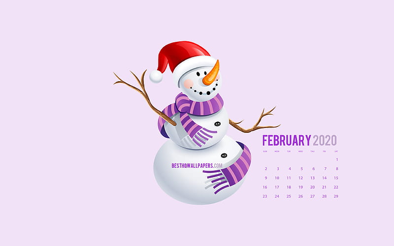 February 2020 Calendar, minimal, snowman, 2020 calendar, creative, February 2020, February 2020 calendar with snowman, Calendar February 2020, violet background, 2020 calendars, HD wallpaper
