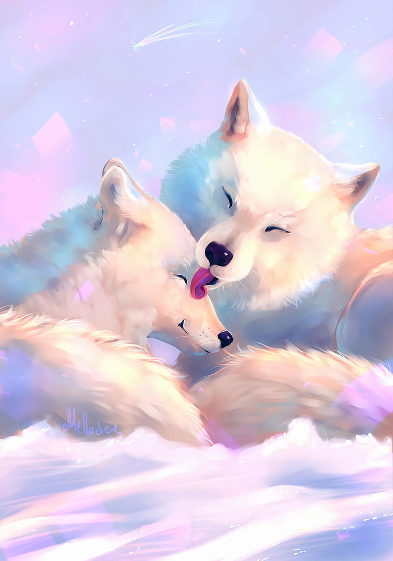 wolves, tenderness, care, art, white, tongue, HD phone wallpaper